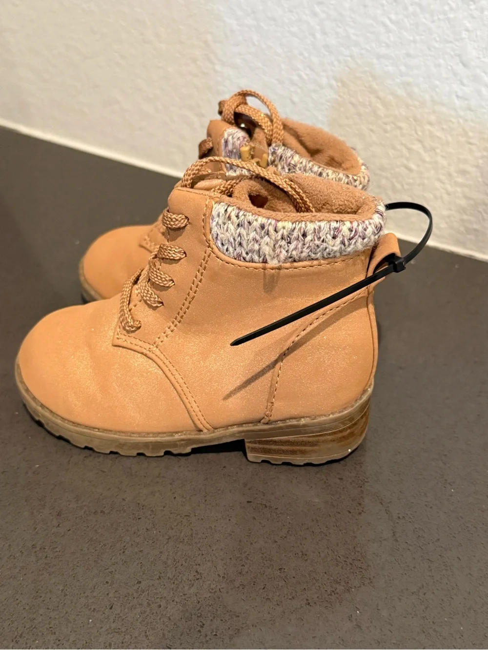 Cat & Jack Tan Lace-Up Ankle Boots with Knit Collar